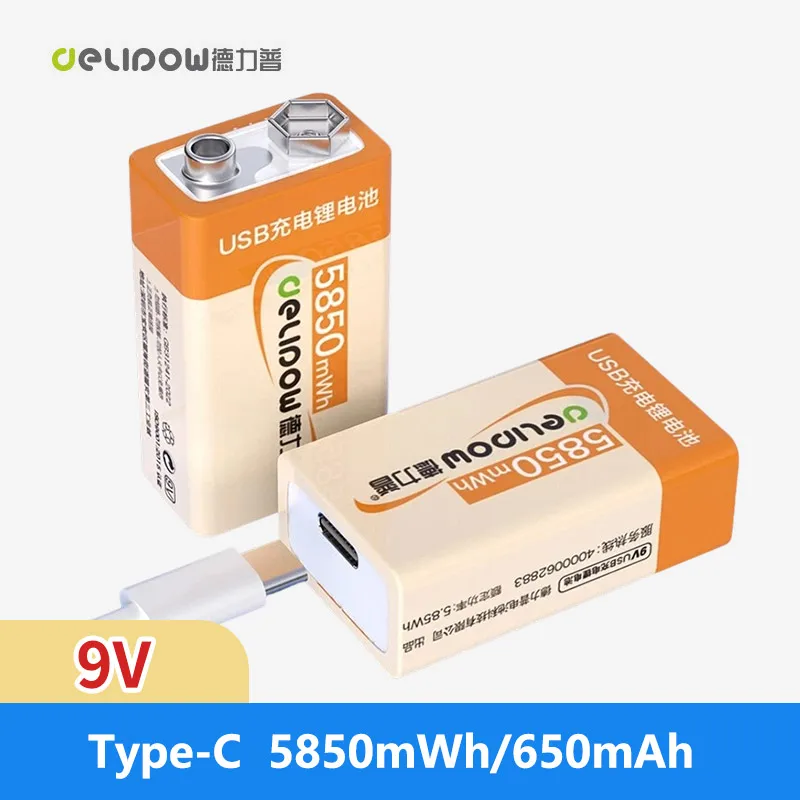 Delipow USB 9V Rechargeable Battery 5850mWh 650mAh Type-C Rechargeable 9V Li-ion Battery for RC Helicopeter Model Multimeter Toy