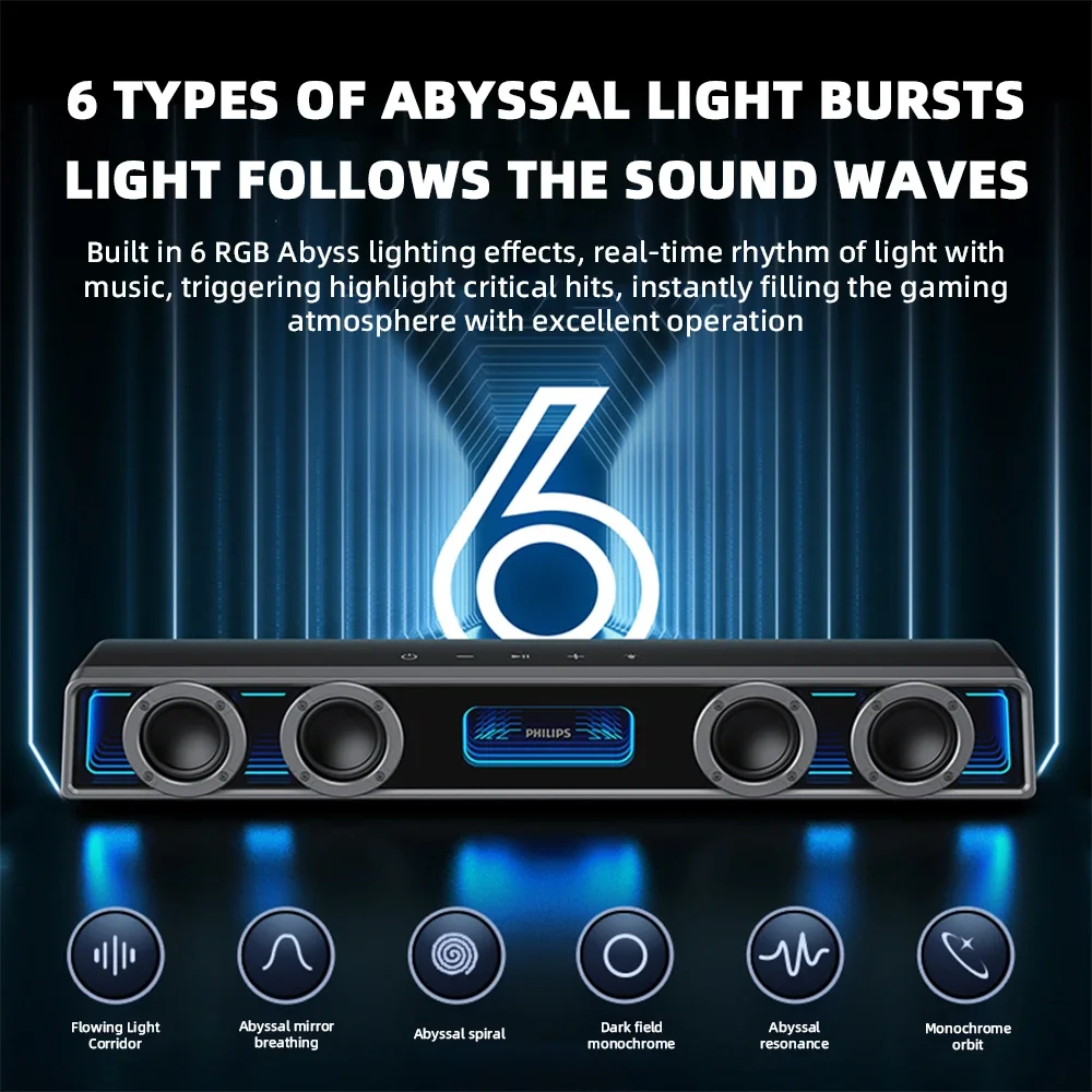 PHILIPS SPA6600 Wireless USB Subwoofer Soundbar Low Latency Four Unit Stereo RGB Gaming Powerful Speaker for Music Theater