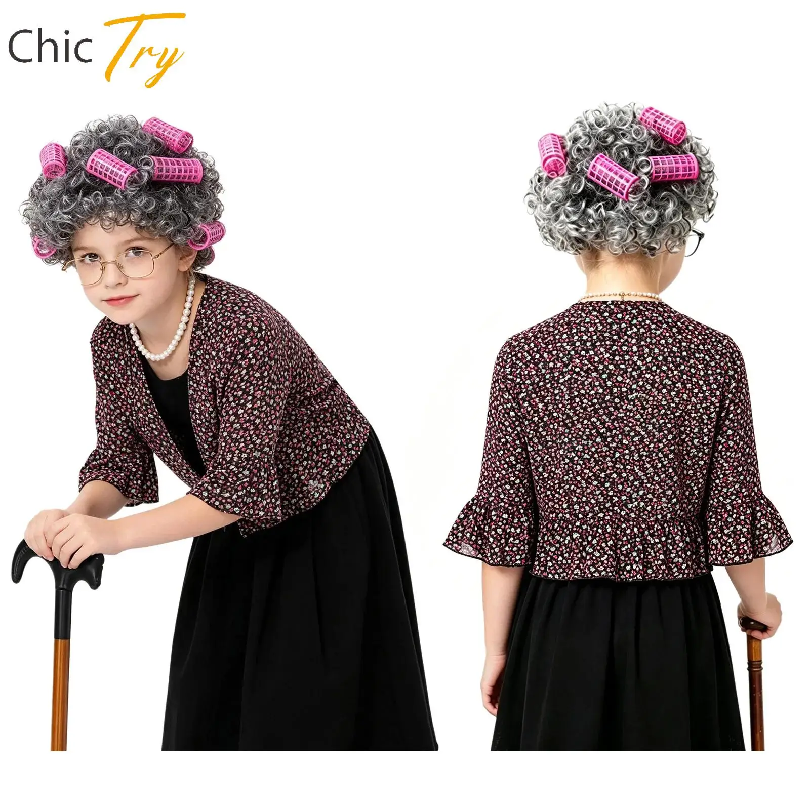 

100 Days Of School Costume Grandma Cosplay Dress Up Purim Clothes Old Lady Role Play Outfit Grey Wig Glasses for Carnival Party