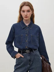 Fsle Diepblauw Zacht Denim Overhemd Dames Herfst Winter Lange Mouwen Retro Casual Gelaagd Shirt Blauw Vrouwen Tops Voor Werk