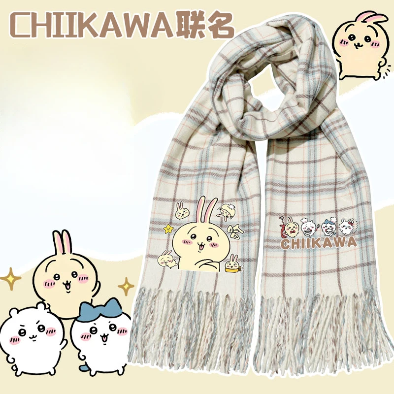 Anime Surrounding Chiikawa Cute Beige Plaid Scarf Winter New Cartoon Premium Cashmere Thickened Warm Versatile Shawl Girl Gift