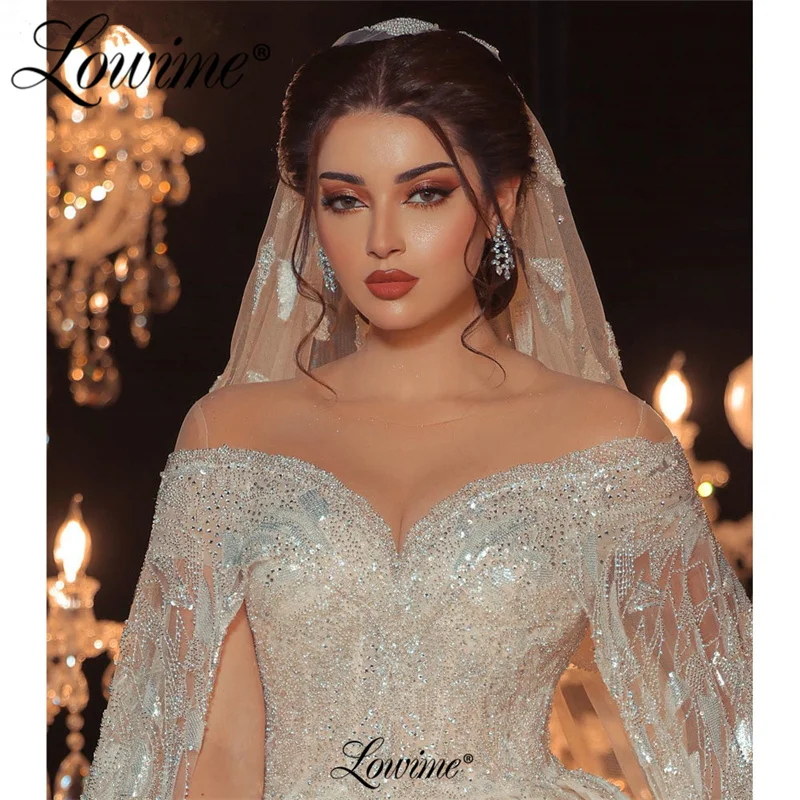 Lowime Ball Gown Muslim Wedding Dresses 2023 Cape Sleeves Long Robe De Mariee Sequins Beaded Arabic Glitter Vestido De Novia