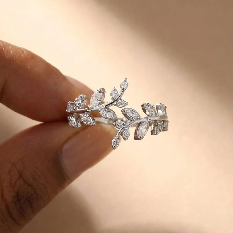 925 Sterling Silber Verstellbare Ringe mit ausgefallenem Blatt-Design für Damen, funkelnder Zirkonia-Olivenring, Schmuck für Party und Alltag