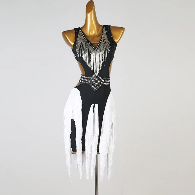 Latin Dance Performance Competition Dress Fringed Three-step Square Dance Dress Black and White L186