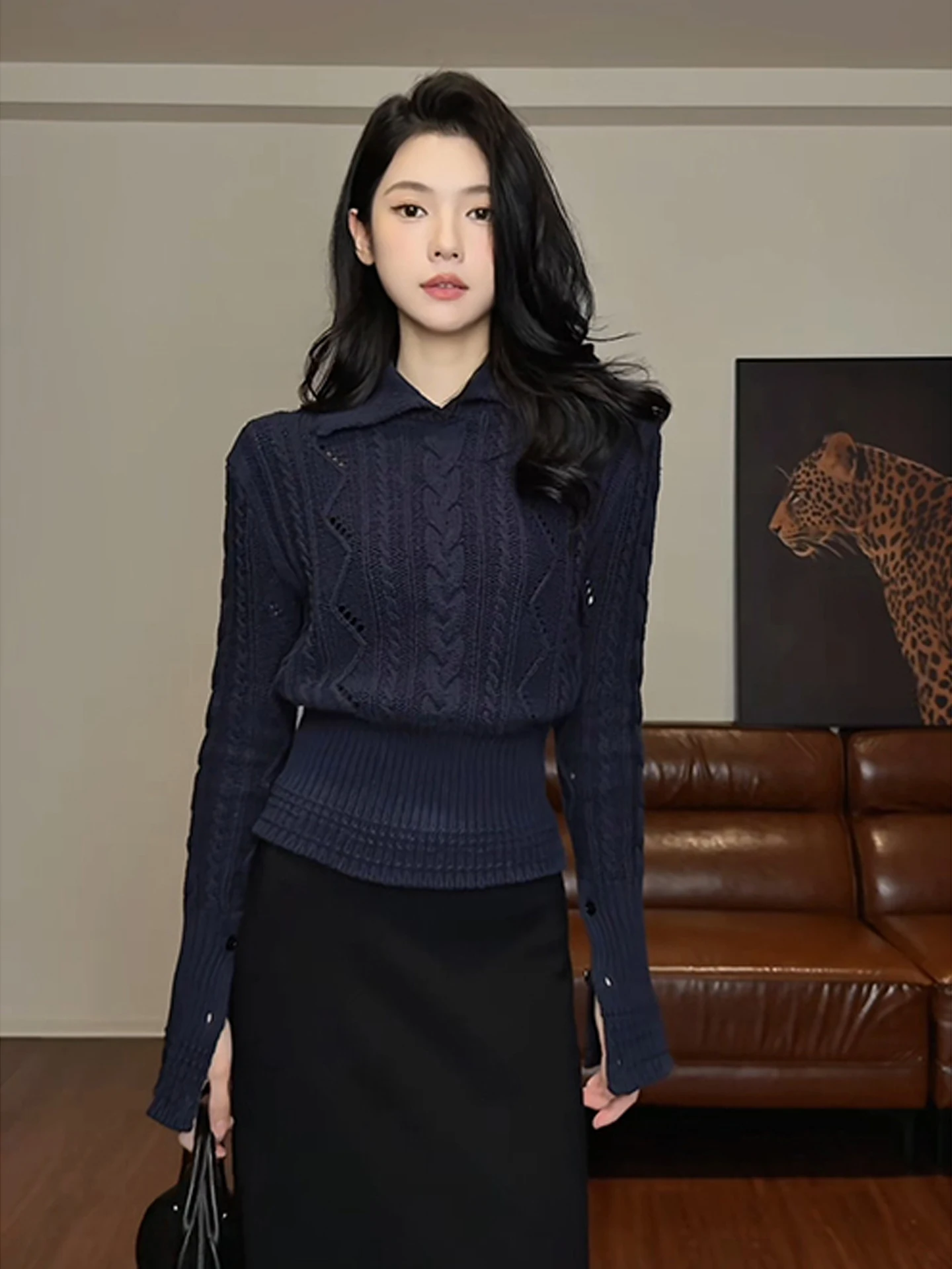 

Женский осенне-зимний вязаный свитер Lazy Sle Long Sve, шикарный витой трикотаж с отложным воротником, милый облегающий крой