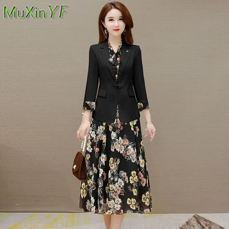 2024 Spring Summer New Casual Blazers Jacket Matching Set Women Elegant Floral Suit Coat Dress Two-piece Female Chic Clothing