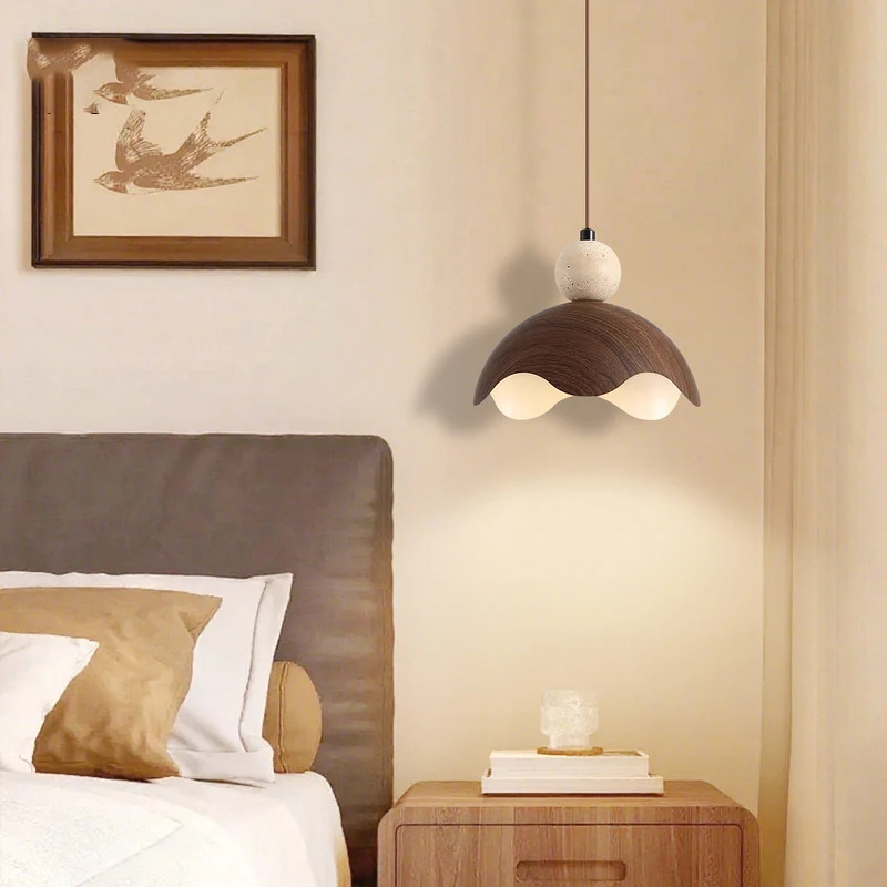 Led Pendant Lamp Bedroom Beside Chandelier Walnut Wood Color Retro Wabi Sabi Style Hanging Light Yellow Cave Stone Lighting Foco