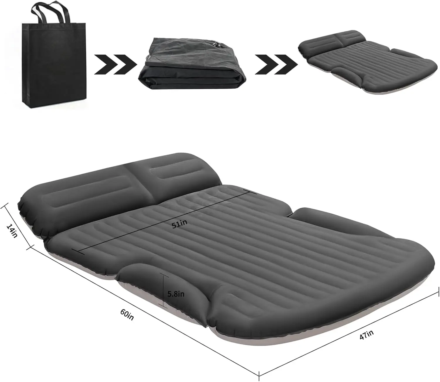 Matelas pneumatique SUV épais, lit gonflable floqué double face avec oreillers et pompe électrique, gris foncé