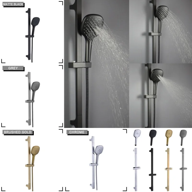 

Wall Mounted Adjustable Slide Shower Bar Bathroom Shower Riser Sliding Bar Set with Hose and Shower Black Gold Minimalist Style