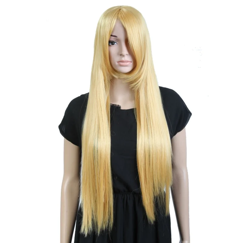 Long straight golden yellow wig with bracelet for anime cosplay party costume synthetic