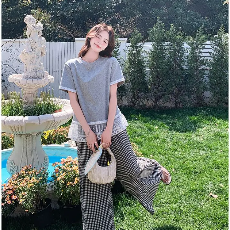 Coreano renda emendada cinza manga curta camiseta xadrez calças de perna larga terno para mulher verão conjunto de duas peças