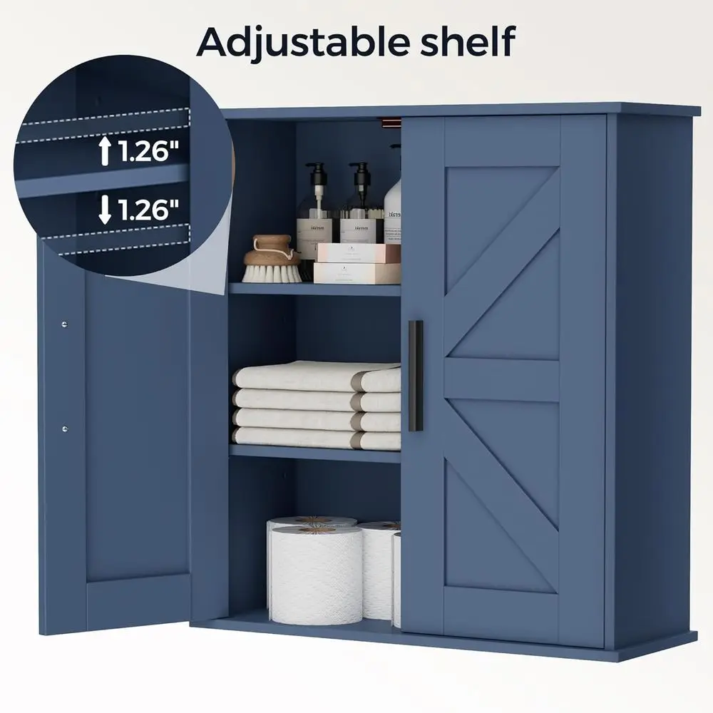 Armoire de rangement murale bleue à 3 niveaux avec portes de grange pour salle de bain, cuisine et linge
