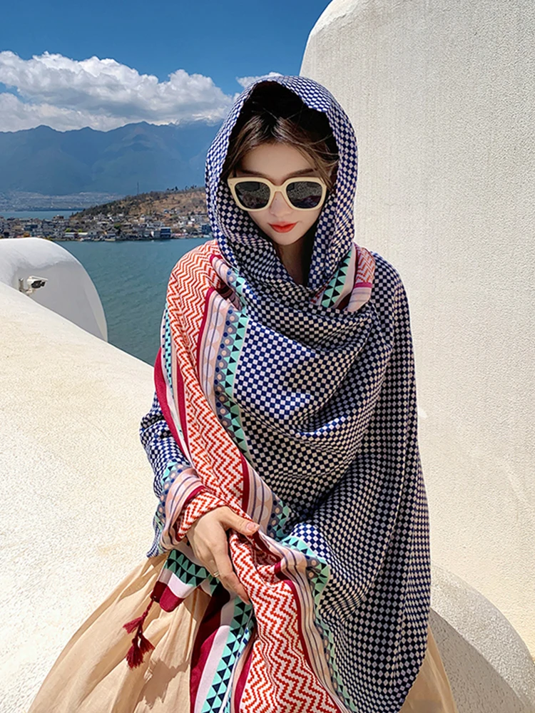 Summer Elegant Women Silk Scarf Beach Wrap Shawls Vintage Plaid Print Lady Sunscreen Bandana Long Hijab Mujer Boho Scarve Pareo