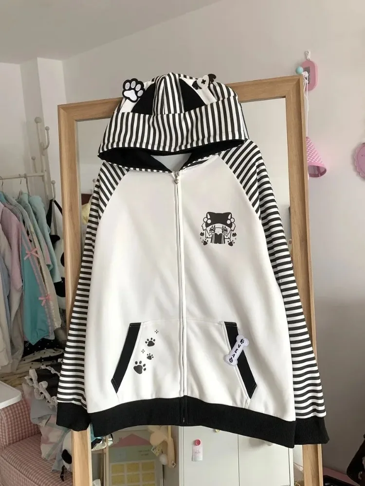 QWEEK Kawaii Zip Up Hoodie Women 2024 Japanese Harajuku Cute Cartoon Print Striped Zipper Sweatshirt with Hood