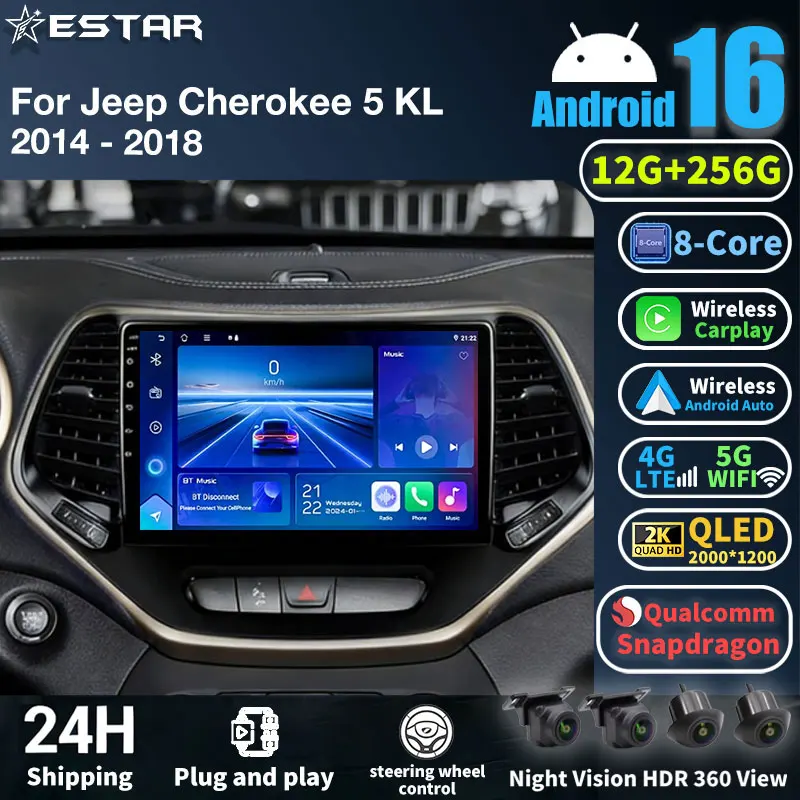 

10-дюймовая автомобильная магнитола Android 16 для Jeep Cherokee 5 KL 2014-2018 с CarPlay, мультимедиа, навигацией и QLED-экраном