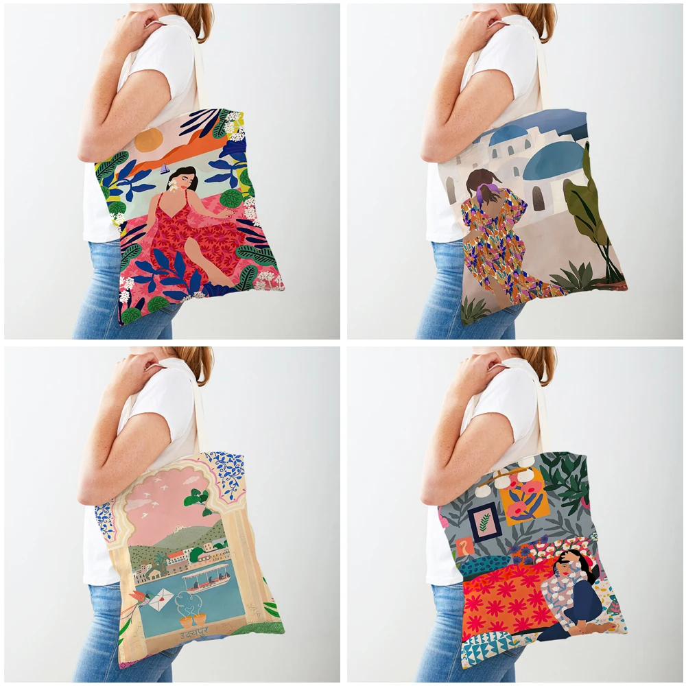 Fashion Girl Plants Aegean Sea Natural Women Shopping Bags Double Print Casual Canvas Handbag Vintage Art Shoulder Shopper Bag