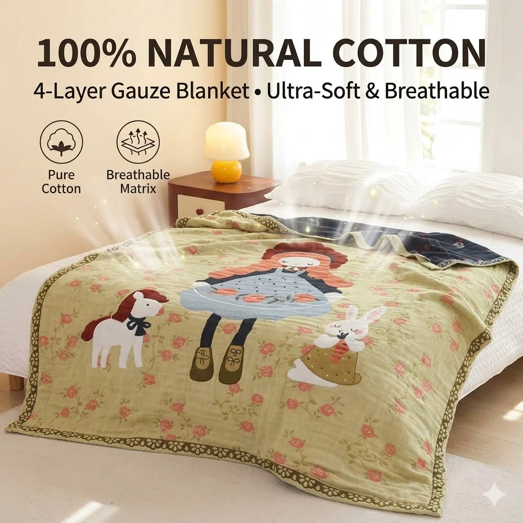 100% Cotton 4-Layer Gauze Blanket for Bed Sofa Cartoon Breathable Soft Throw Blanket Summer Air Conditioning Quilt Nap Comforter