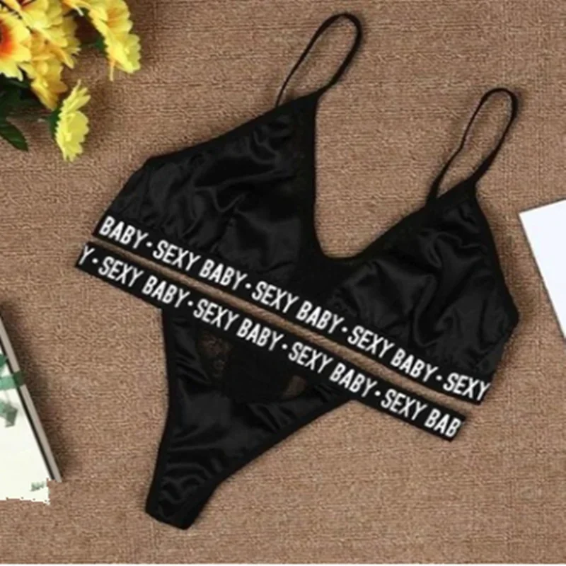 Conjuntos de ropa interior Sexy para mujer, conjunto de sujetador y bragas, conjunto de sujetador de ropa interior para mujer, Bralette, sujetador para mujer con estampado de letras, retazos de encaje Sexy