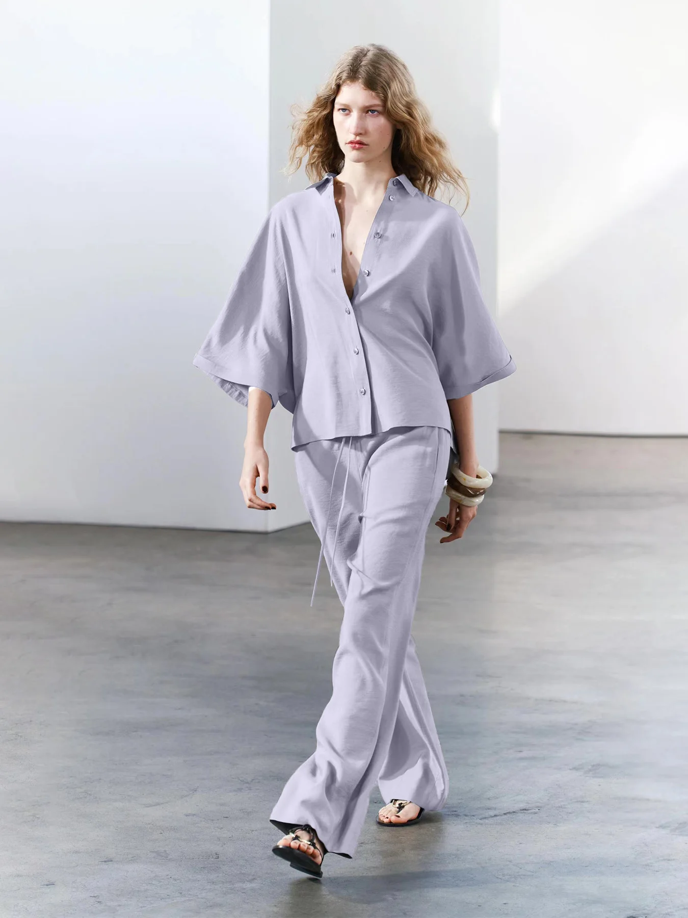 

Summer new solid color versatile loose seven quarter sleeved shirt with drawstring wide leg pants and pants set