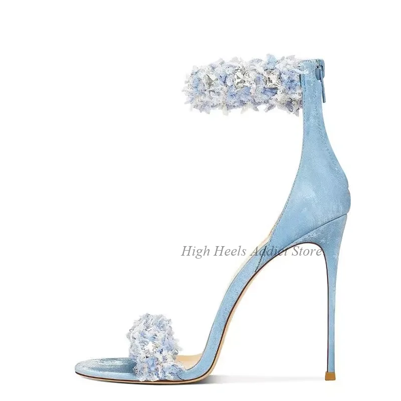 

Baby Blue/Pink/White Suede Leather Crystal Flower Sandals 2025 Summer New in Sheepskin Luxury Designer PARTY Wedding High Heels