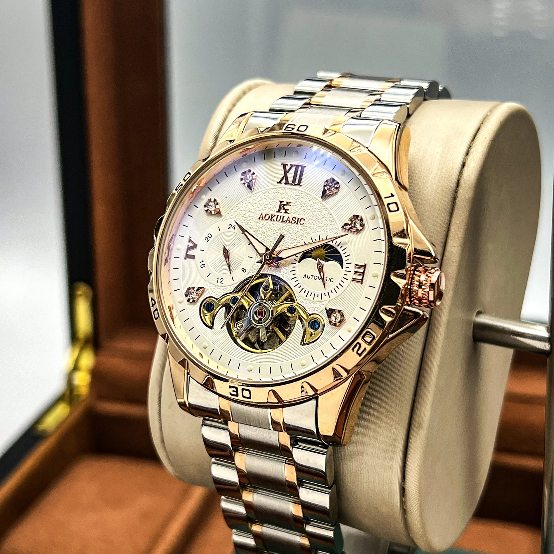 Stainless Steel New Gold 24H Moonphase Skeleton Luminous Waterproof Tourbillon Self-Wind Automatic Watch for Men