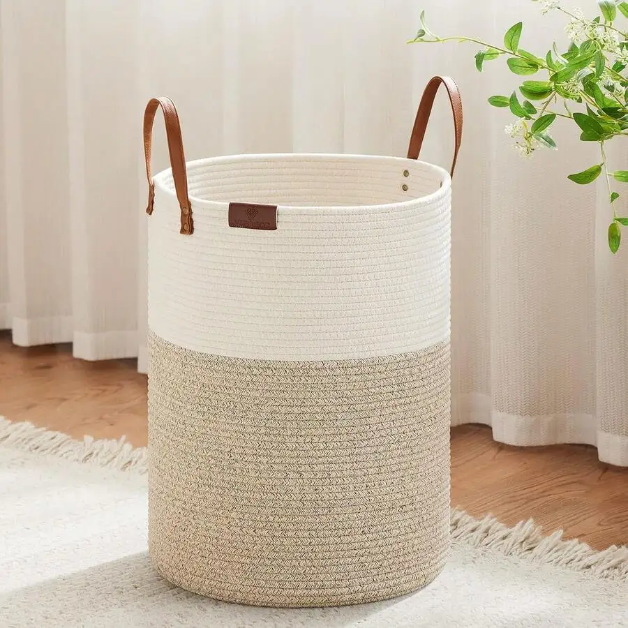 

Tall Laundry Basket, Lar Dirty Clothes Hper With Leather Handle, Woven Rope Stora Basket For Blanket, In Living Room,