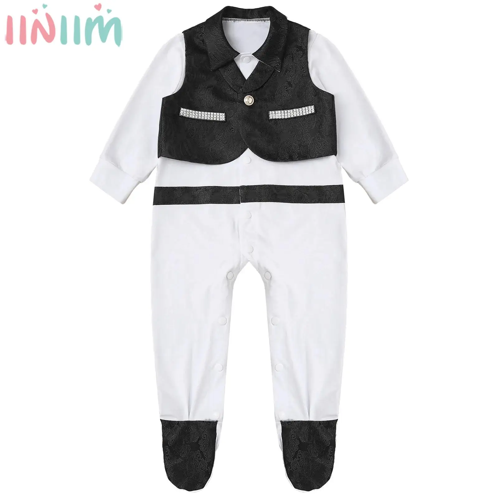 

Baby Boys Christening Gentlemen Suit Long Sleeve Footed Romper Jacquard Vest Tuxedo Baptism Wedding Party Photography Costume