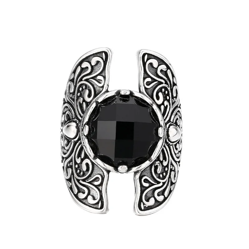 sterling silver ring tang grass pattern black zircon ring ring opening thai silver retro trendyy personalized jewelry