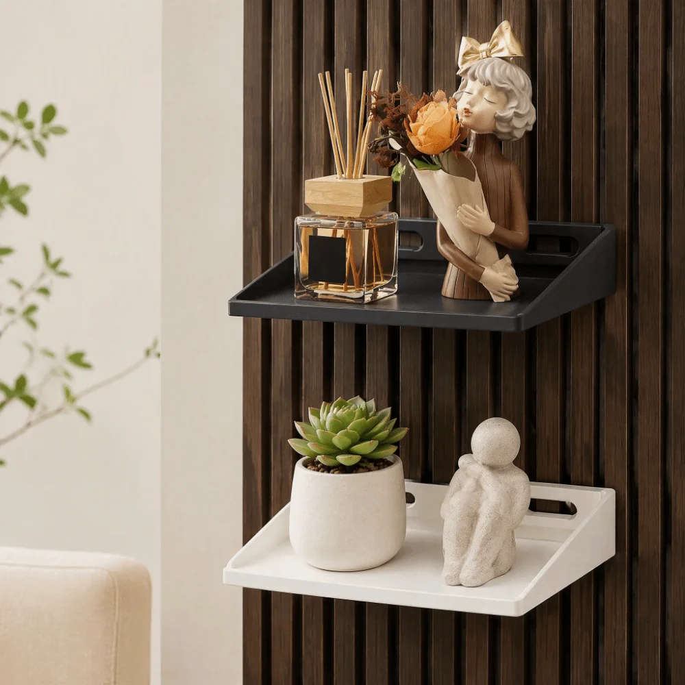 No Drill Acoustic Panel Shelf Damage-Free Repositionable Floating Shelf Raised Lip Floating Acoustic Panel Holder Entryway