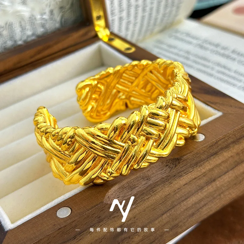 Light Luxury 9999 24K Real Gold Niche Design High-end Braided Twist Opening Wide Version 10mm Bracelet for Women