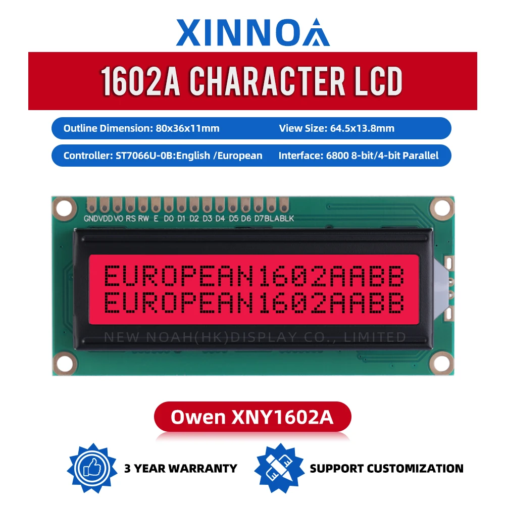 European Red Light Black Letters 1602A Character LCD Display Screen 2X16 LCD 3.3V 5V 1.5 Inches Support Scheme Development