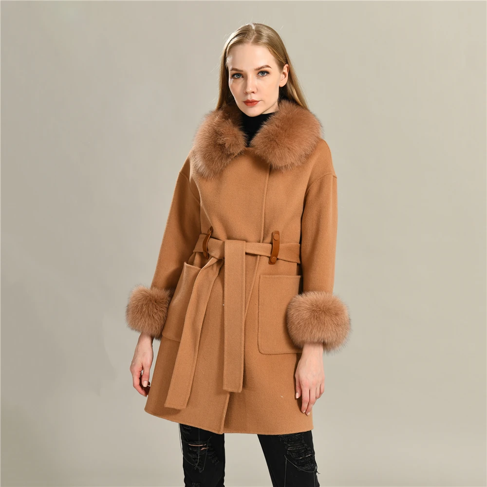 

Jaxmonoy Women Cashmere Coat Real Fox Fur Collar Cuff Ladies High Quality Wool Coat and Blends Winter Medium-Length Trench Coats