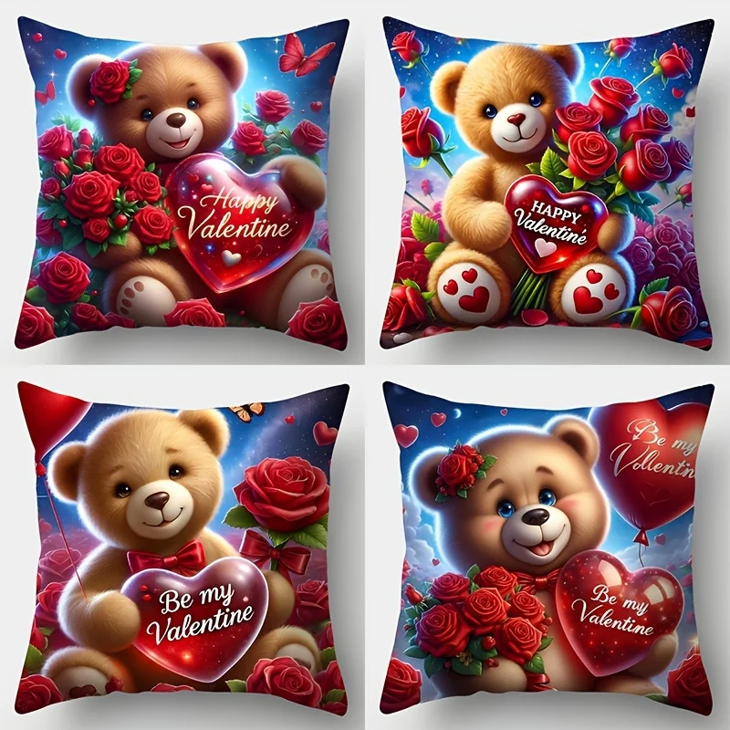 Valentine's Day Decor Pillowcase Designed with Cute Teddy Bear and Red Rose Patterns To Decorate The Sofa or Room 4PCS or 1PC