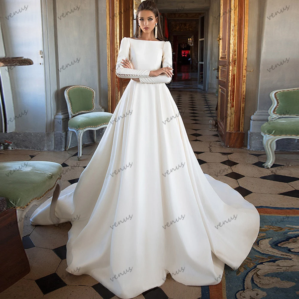 

Modest Wedding Dresses Simple Bridal Gowns O-Neck Backless A-Line Robes For Formal Party Full Sleeves Elegant Vestidos De Novia