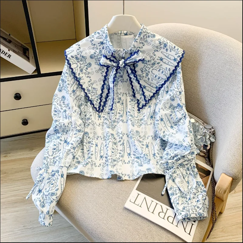 

Elegant Simple Blue Floral Shirt for Women Spring Summer New Style Charming Doll Collar Blouse Top