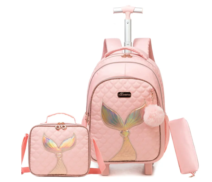 

School Rolling Backpack Bag Set For Girls 16 Inch Travel Trolley Rolling Backpack Lunch Bag Pen Bag 3 in 1 School Wheeled bags
