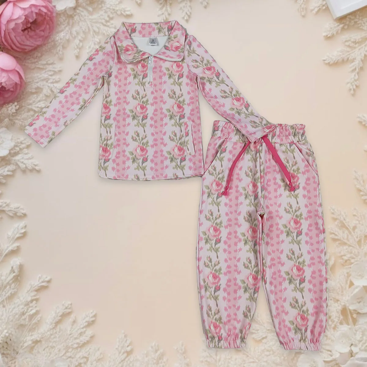

Baby Girl Kids Long Sleeve Pink Flowers Zipper Tops Ruffle Pockets Pant Set Infant Toddler Outfit Children Clothes Wholesale