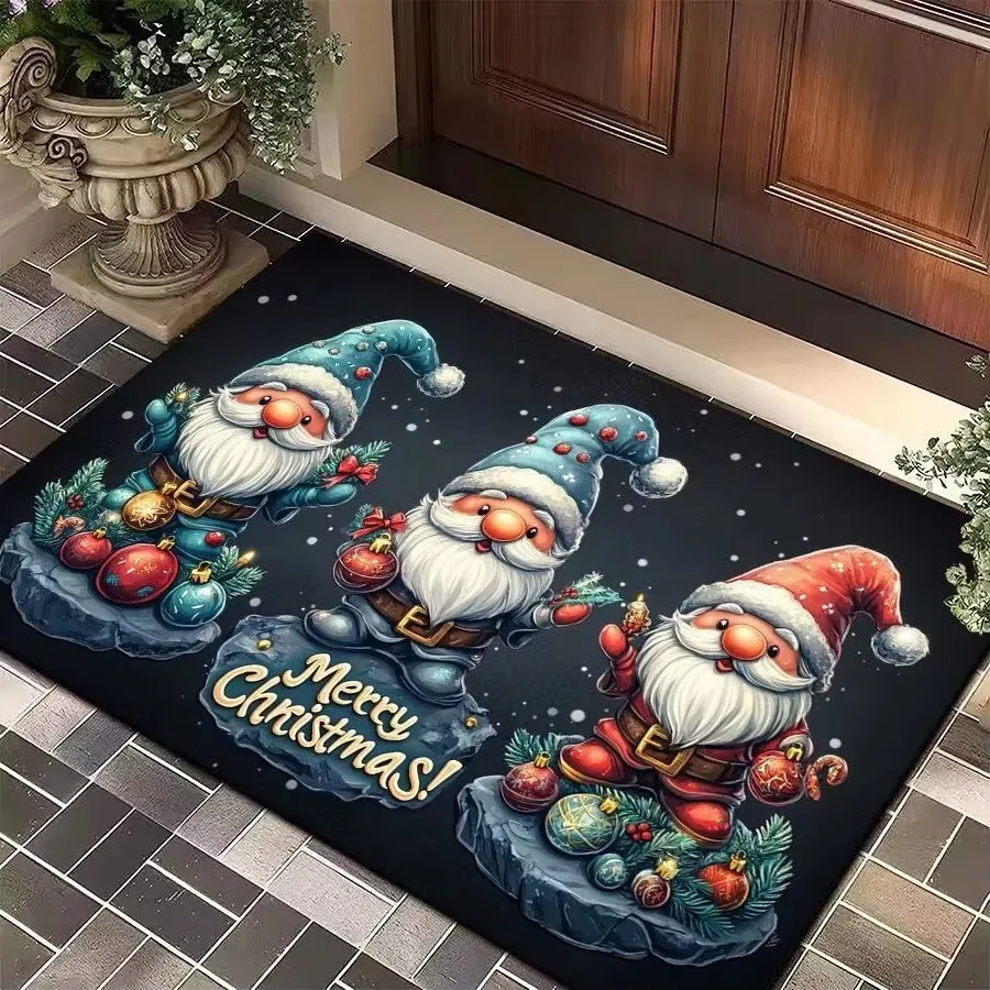 Merry Christmas Gnome Christmas Floor Mat Three Gnomes Colorful Xmas Balls Snowflake Pattern Rug Indoor Holiday Home Accent