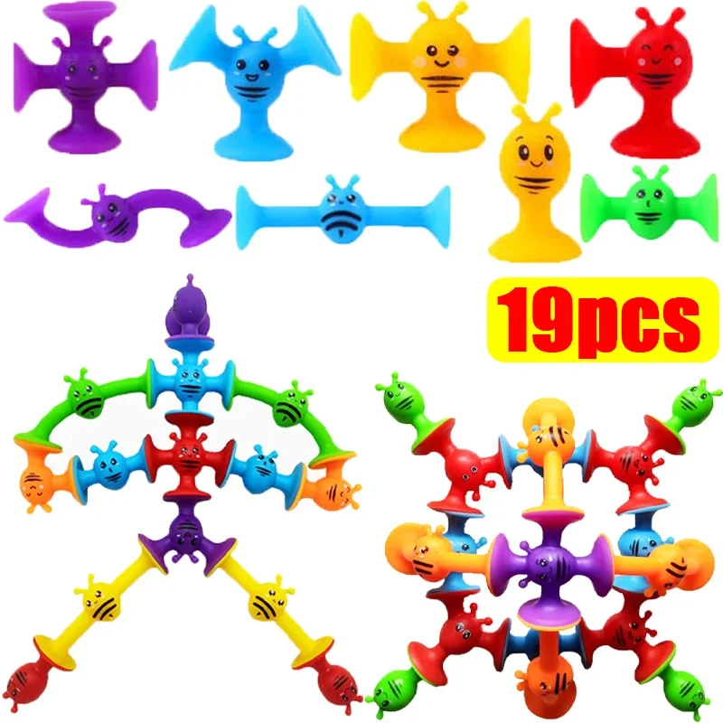 19Pcs Plastic Bee Building Blocks Suction Cup Puzzle Games DIY Stress Relief Sensory Educational Parent-child Interactive Toys