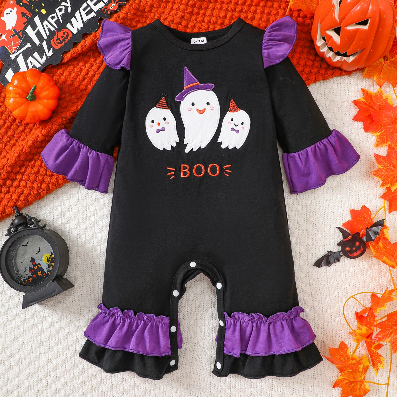 

0-18M Baby Jumpsuits Halloween Party Costumes Long Sleeve Ghost Embroidery Ruffle Flare Jumpsuit Girls Boys Homewear Clothes