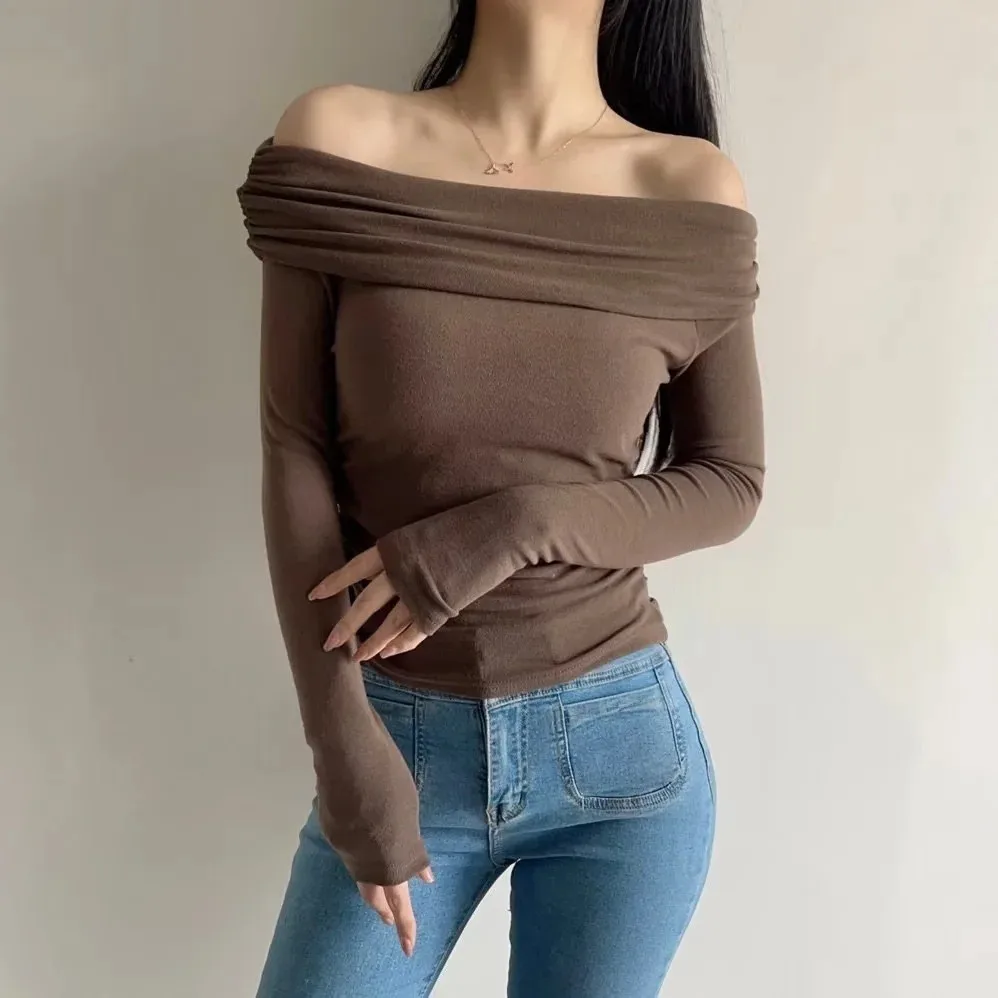 

Sexy Spicy Girl One oulder Pleated Long Sve Women's Early Spring Slimming Bal T-irt Base irt Cotton Lycra