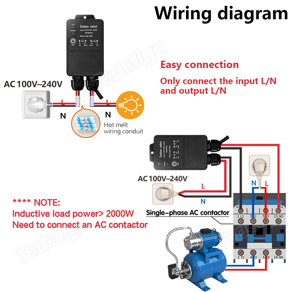 Wireless Remote Control Switch 433MHz AC110V 220V 30A 1CH Waterproof Receiver with Transmitter for Pump,Motor,Lights, Machinery