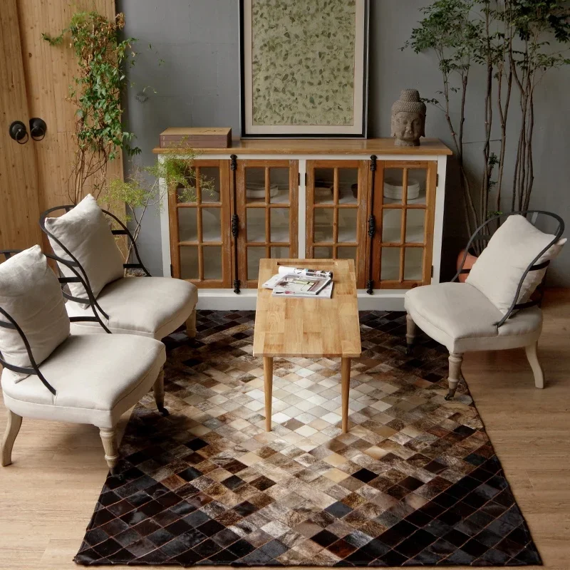 2026 Chinese Best Wholesale Patchwork Leather Carpet High Quality Door Mat Customized Colour Cowhide Rug