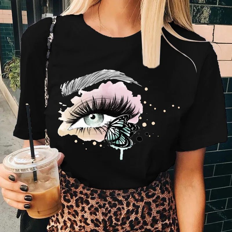 T Shirt Ladies Korean Fashion Summer Short Sleeve Cartoon Casual Female Clothes O-neck Tshirts Tops Eyelash Vintage Clothes