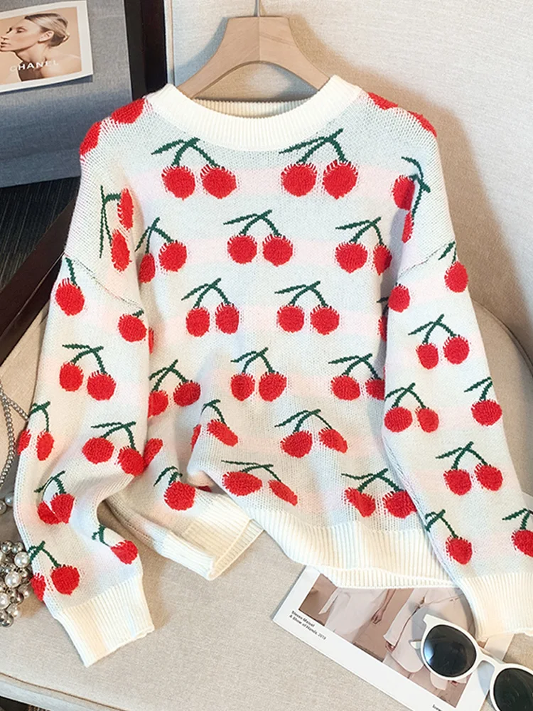 Women cherry Heart Knitting Sweaters Autumn Winter Casual O-neck Embroidery Pullovers 2023 Female Y2k Long Sleeved Tops Knitwear