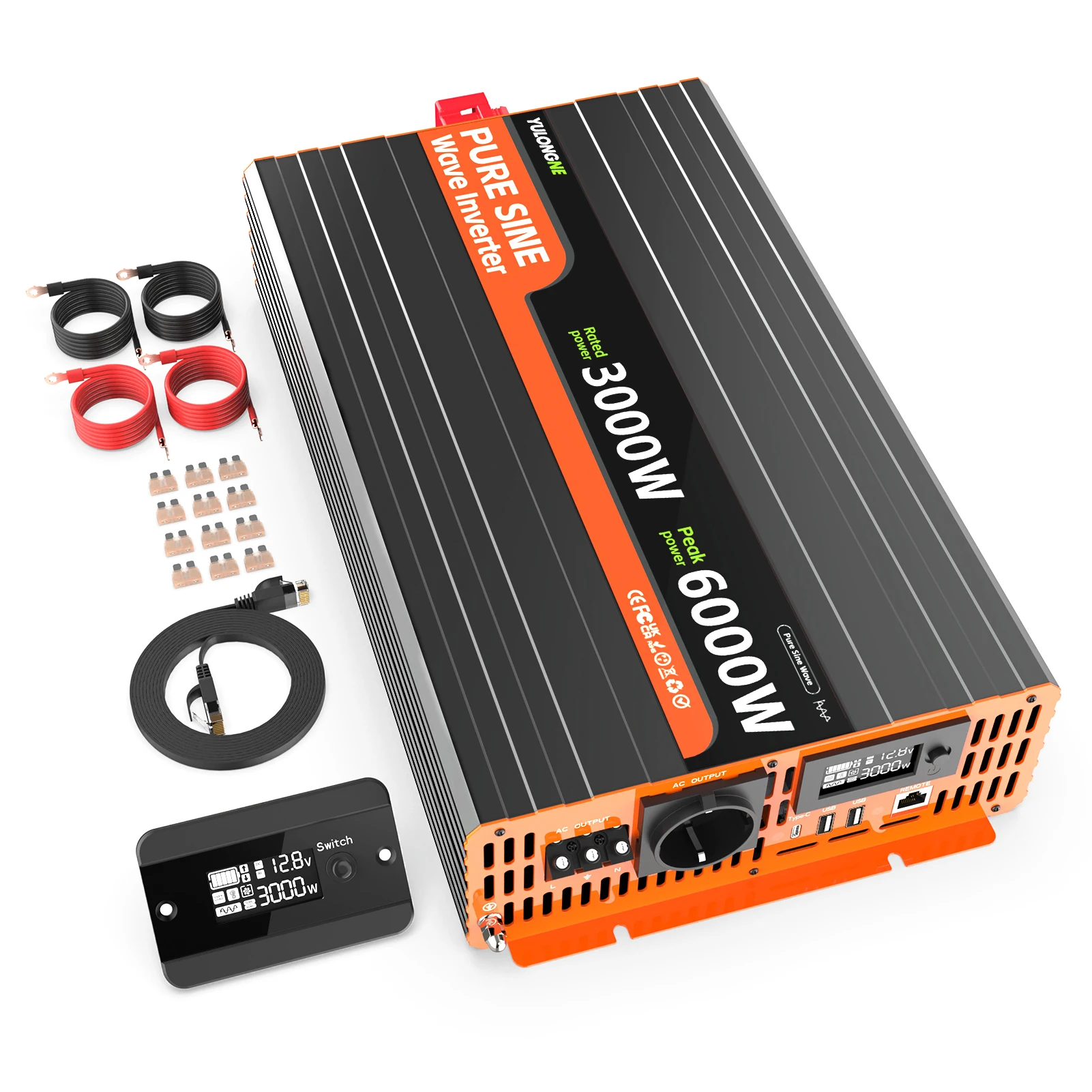 3000W Pure Sine Wave Inverter Peak 6000W DC12V to AC230V EU Socket LCD Remote Control Voltage Converter for RV Solar Off‑Grid Po
