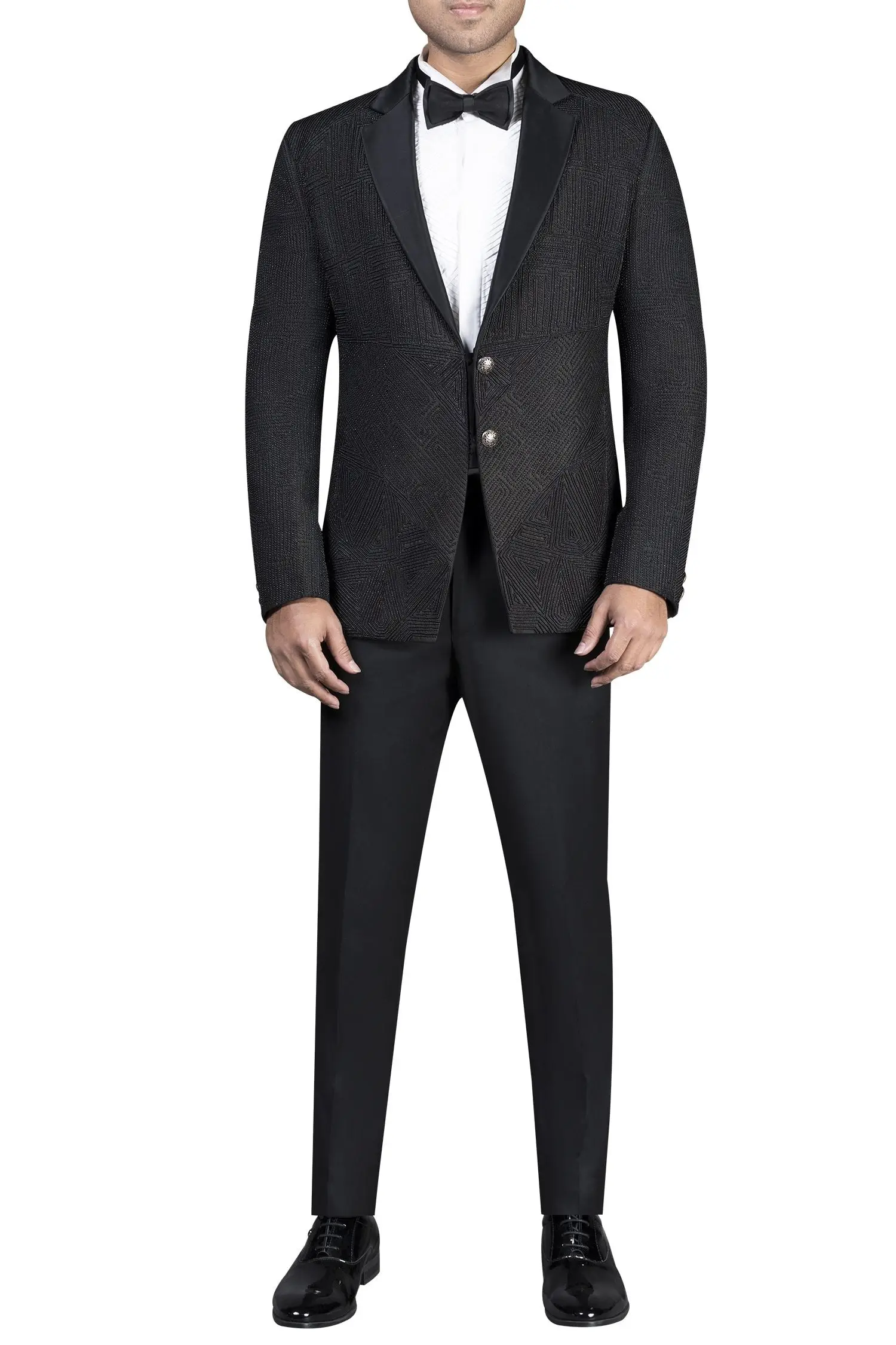 

Мужской черный костюм, комплект из роскошной ткани с рисунком, облегающий костюм с шалевым воротником, деловой костюм для свадьбы, вечера, выпускного вечера, официального мероприятия