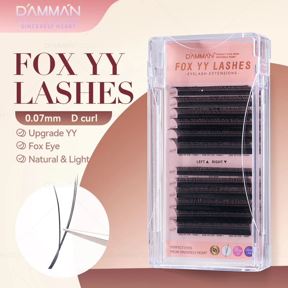 DAMMAN YY Fox Eyelash Extension Natural Matte Black False Lash Mix 9-14mm Left and Right Slant Flying YY Shaped Makeup Supplies