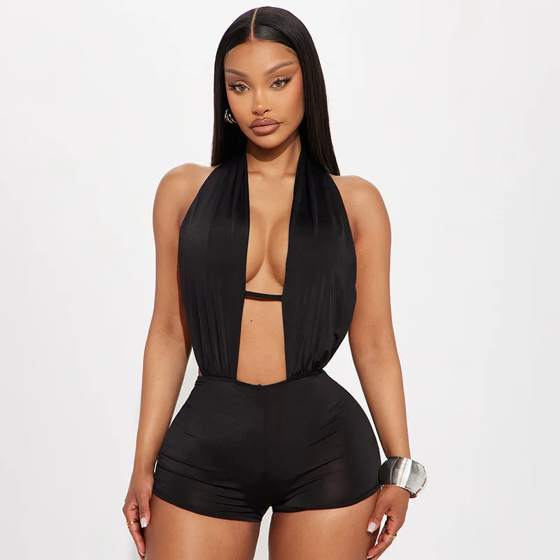 Halter Backless Skinny Playuits Women Solid Sexy Plunge V Neck Sleeveless Peach Hip Hottie Night Clubwear Rompers Streetwear