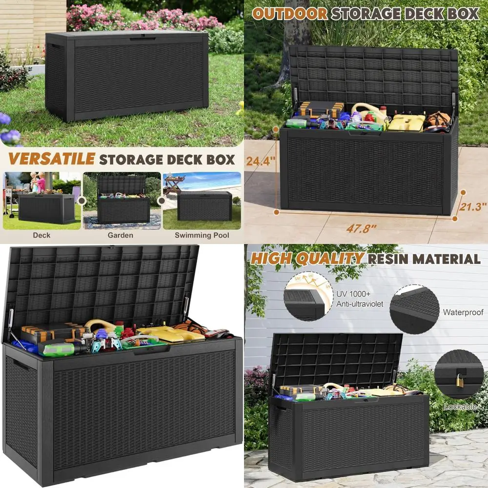 

Outdoor Storage Box, Resin Deck Boxes Indoor and outdoor, Waterproof Storage Box Lockable Lid (Black, 101 Gallon)